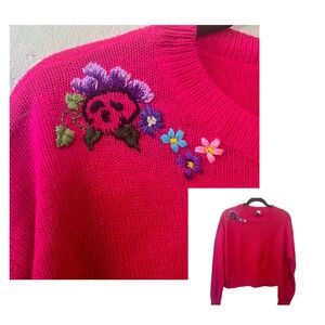 HAND EMBROIDERED SWEATER One of a Kind Fuchsia Pink Skull Flowers Women's Medium